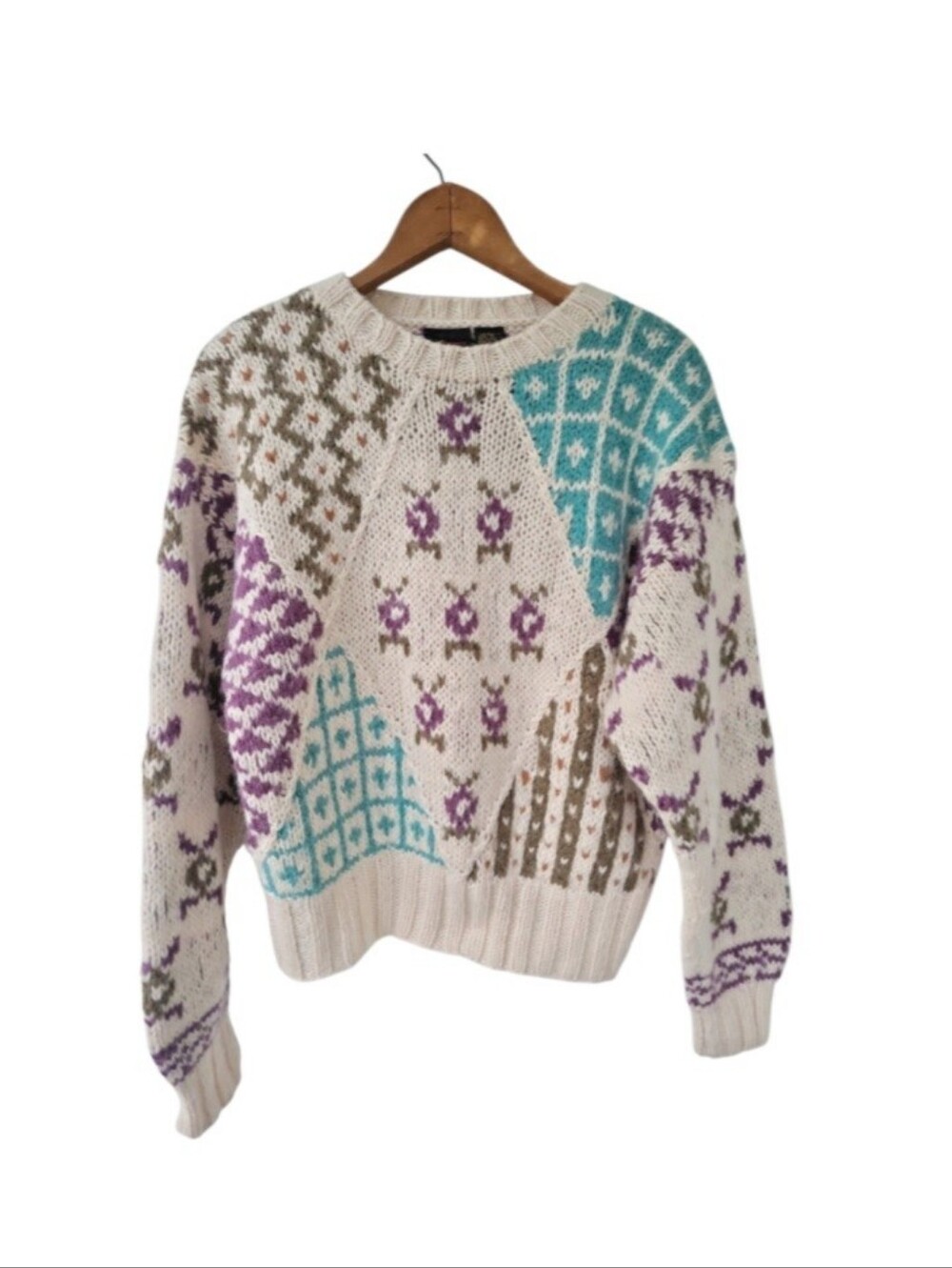 Vintage Liz Sport Floral Geometric Knit Pullover Sweater S Grannycore Cabincore